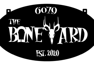 Bone Yard sign in black and hanger