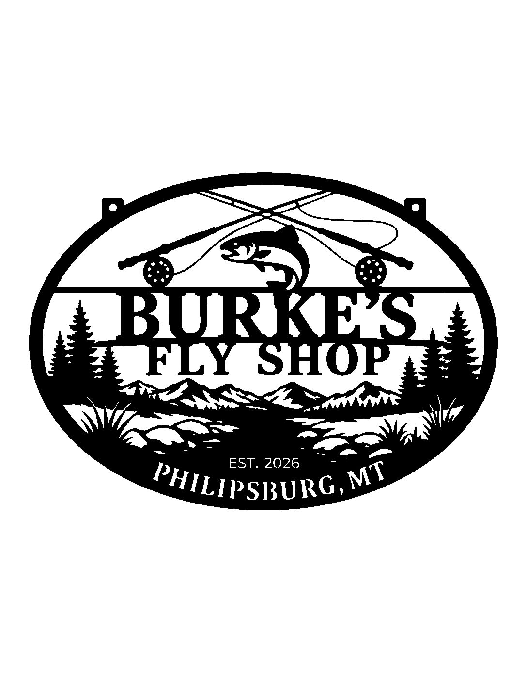 Burke's Fly Shop sign in black with sign hanger