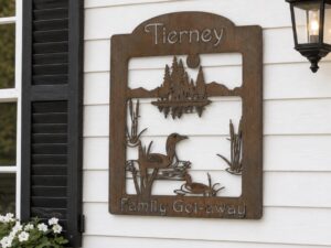 Metal sign, Family Get away, loon and lake sign, customized with your family name on top