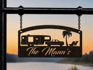 Palm tree camper sign metal camper sign personalized campground palm tree RV sign