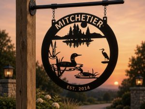 Metal loon lake sign , heron sign duck cattail sign black powder coat