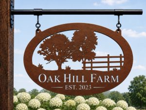 Large Metal Sign with oak tree fence customized with your name