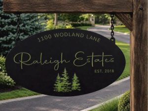 Personalized Sign Evergreen Tree Custom Door Plaque Oval Metal Address Sign Outdoor Family Name Marker Entrance Rustic Home Wall Art Gift