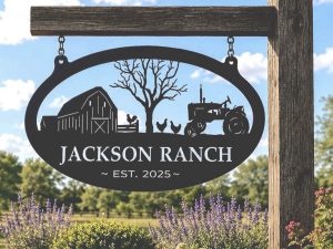 Custom Farm Sign Metal Tractor Barn Entrance Personalized Name Chicken Coop Rustic Homestead Livestock Scene Farmhouse Gift Ranch