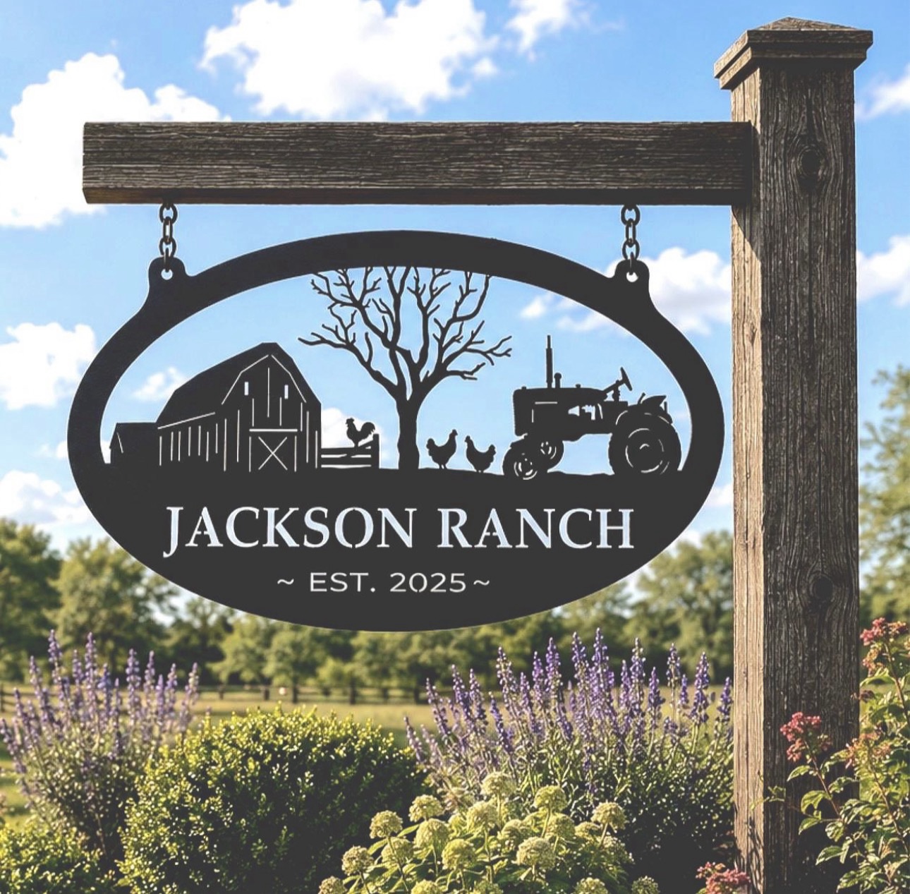 Custom Farm Sign Metal Tractor Barn Entrance Personalized Name Chicken Coop Rustic Homestead Livestock Scene Farmhouse Gift Ranch