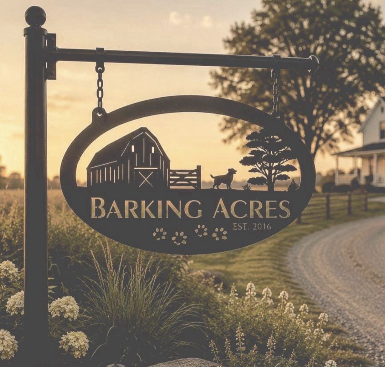 Metal FARM Sign with Barn and Dogs