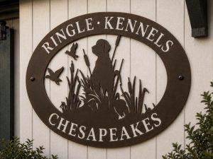 Metal Sign with hunting dog and ducks in grass customized with your name