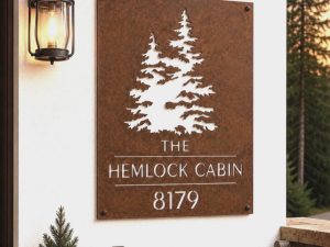 Metal address sign with evergreens, address sign with tree personal name sign outdoor theme dad gift wedding gift