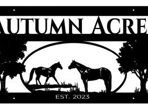 Horse farm sign with trees and fence, metal farm sign with horses