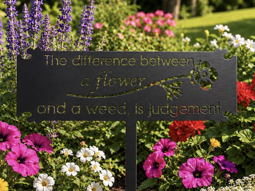 The Difference Between Flowers and Weeds is Judgement metal garden sign - Image 3