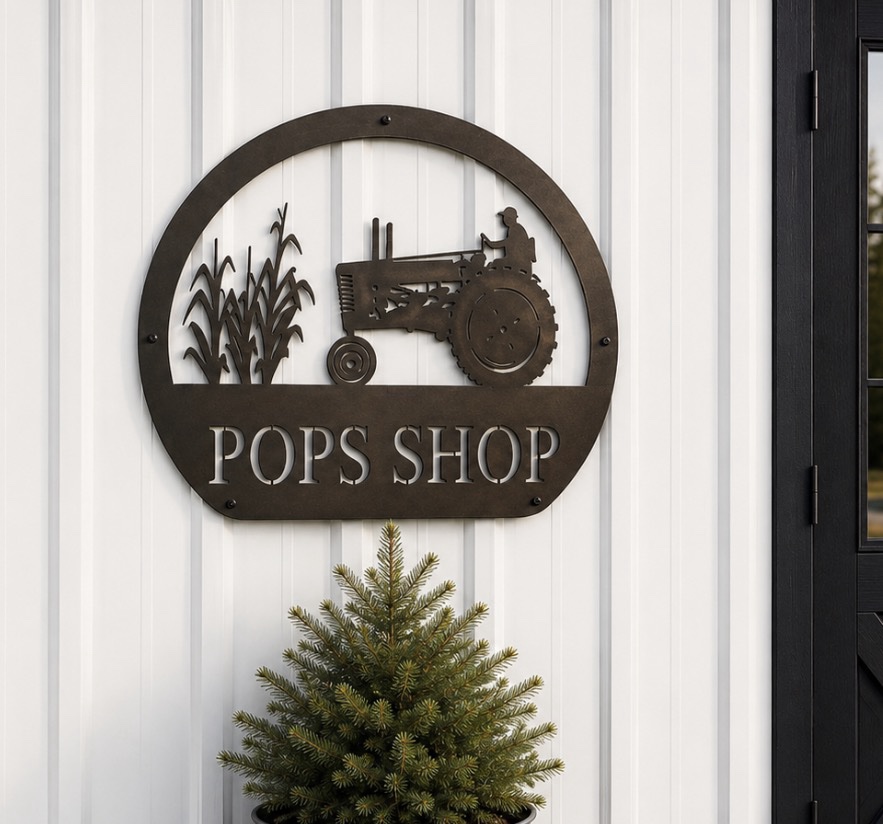 Metal FARM sign with corn stalks and old JOHN DEERE tractor