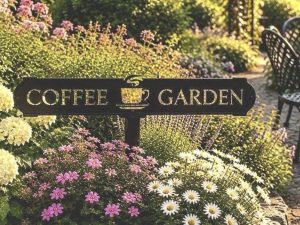 COFFEE GARDEN SIGN on stake, metal coffee garden sign