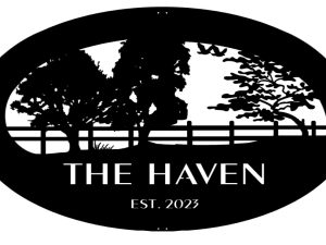 The Haven sign in copper patina