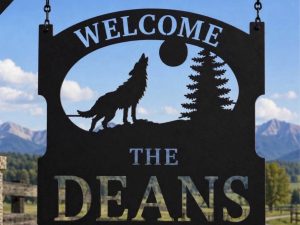 WOLF Sign, metal WOLF Sign with WOLF howling at the Moon Cabin Sign
