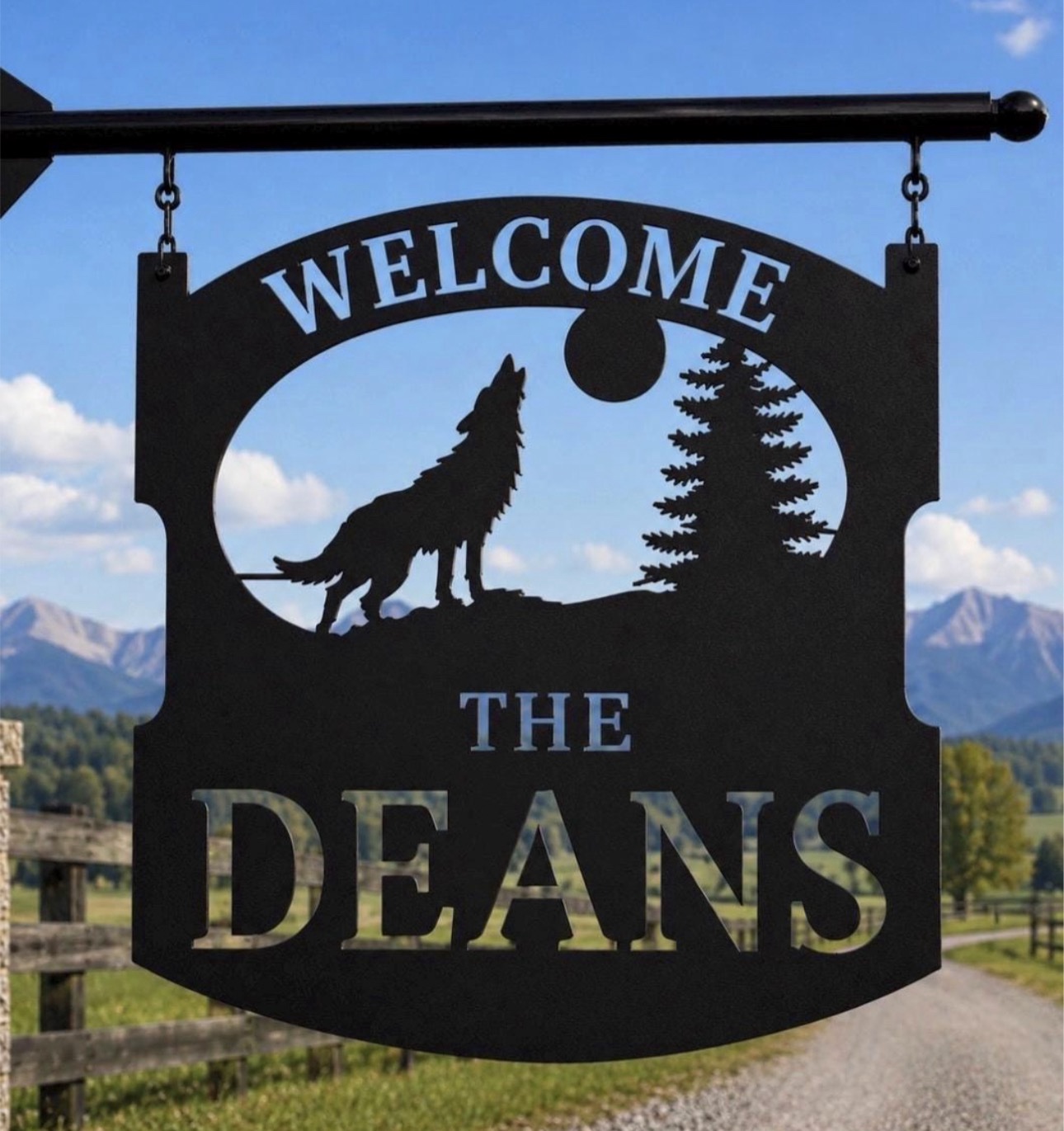 WOLF Sign, metal WOLF Sign with WOLF howling at the Moon Cabin Sign