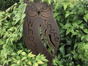 Whoos there,Metal owl on stake , HALLOWEEN sign, Landscape art