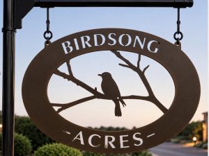 Metal sign with woodpecker or mockingbird or hawk