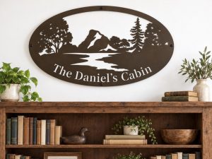 Metal MOUNTAIN RIVER Sign, mountain creek sign, metal cabin sign