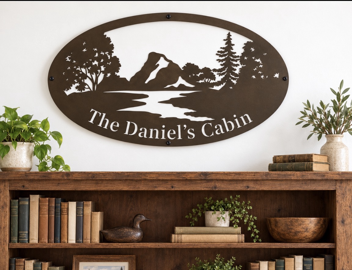 Metal MOUNTAIN RIVER Sign, mountain creek sign, metal cabin sign