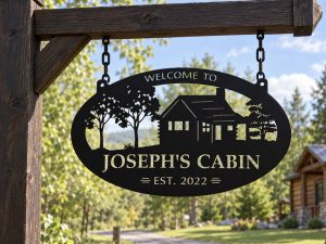 Metal Cabin Sign ,laser cut cabin sign, cabin on a hill, grandparent gift, guest home sign, cottage address