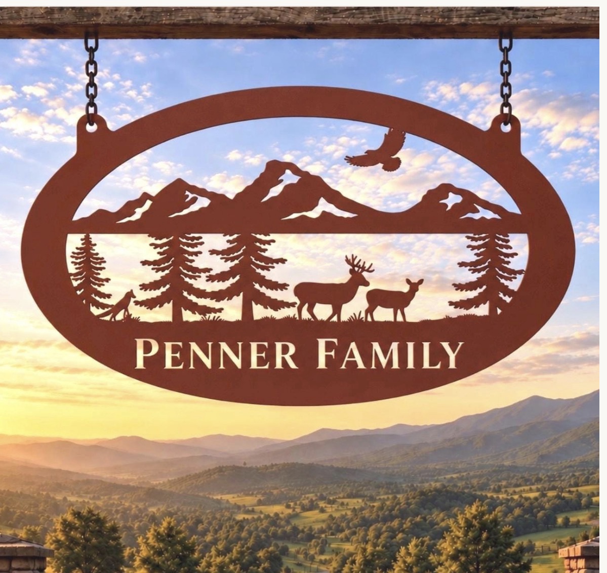 Metal WILDLIFE Sign with DEER Mountains eagle evergreens, customized with your name - Image 2