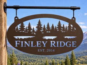 Custom metal sign with Evergreens