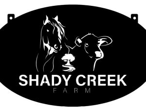 Shady Creek Farm sign in black powder coated double sided with white backer