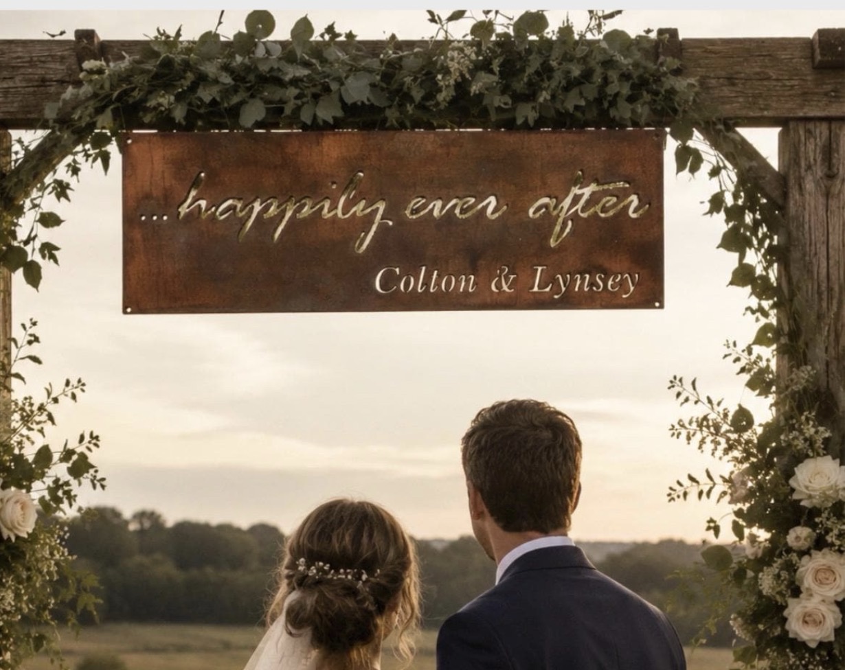 Cute Metal HAPPILY EVER AFTER sign with couples' names