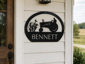 Metal FARM sign with  corn stalks and old JOHN DEERE tractor