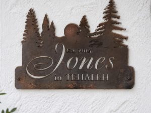 METAL EVERGREEN SIGN , setting sun evergreen sign with your name