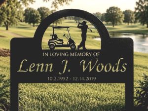 In MEMORY sign with Golf cart and Golfer