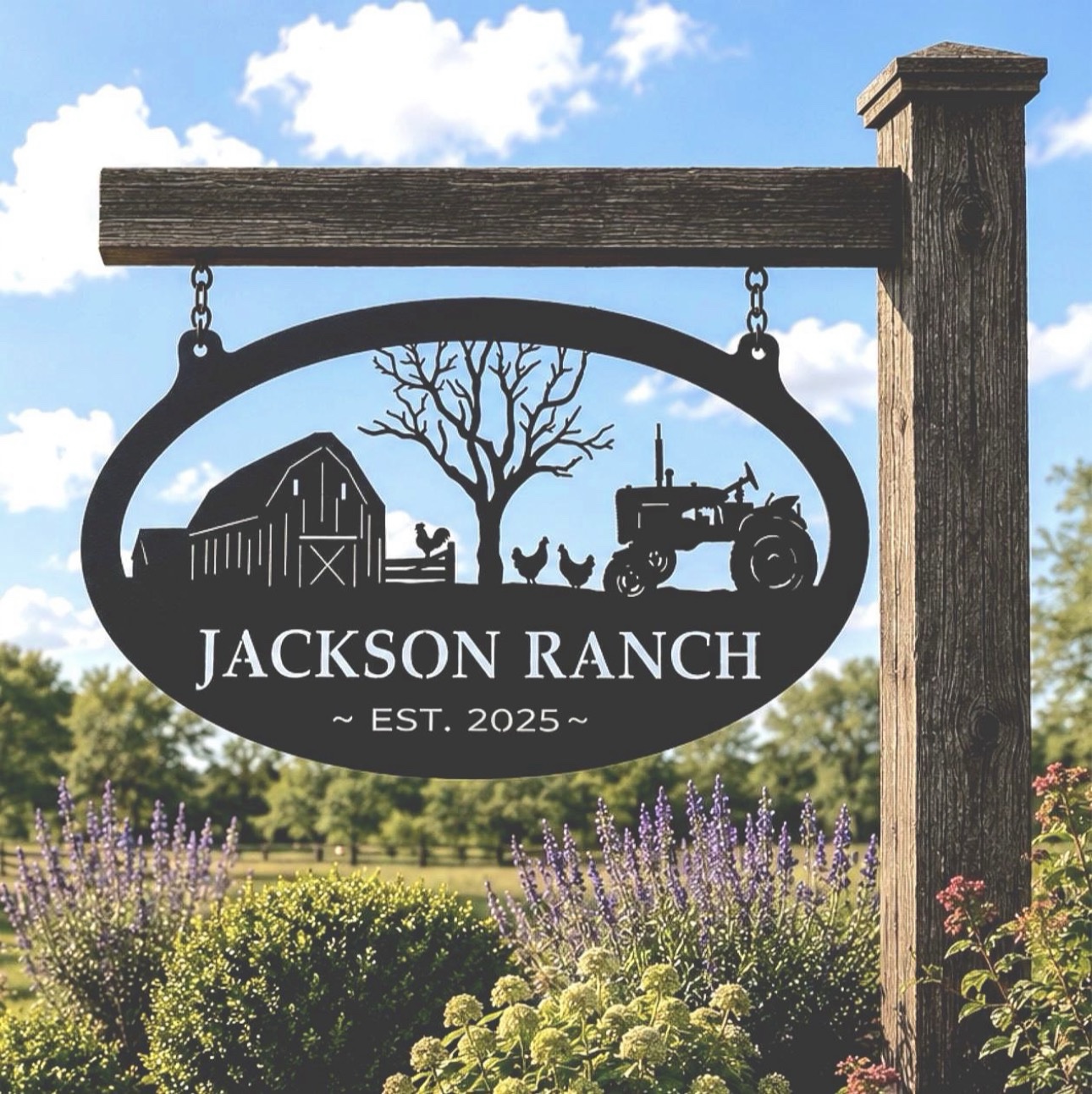 Custom Farm Sign Metal Tractor Barn Entrance Personalized Name Chicken Coop Rustic Homestead Livestock Scene Farmhouse Gift Ranch