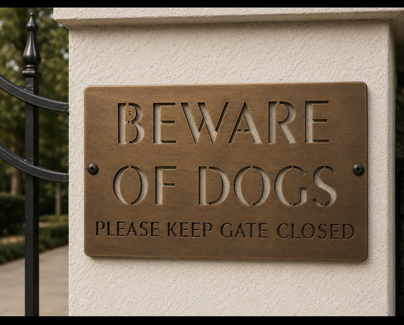 Metal Beware of Dogs KEEP GATE CLOSED sign with powder coat finish