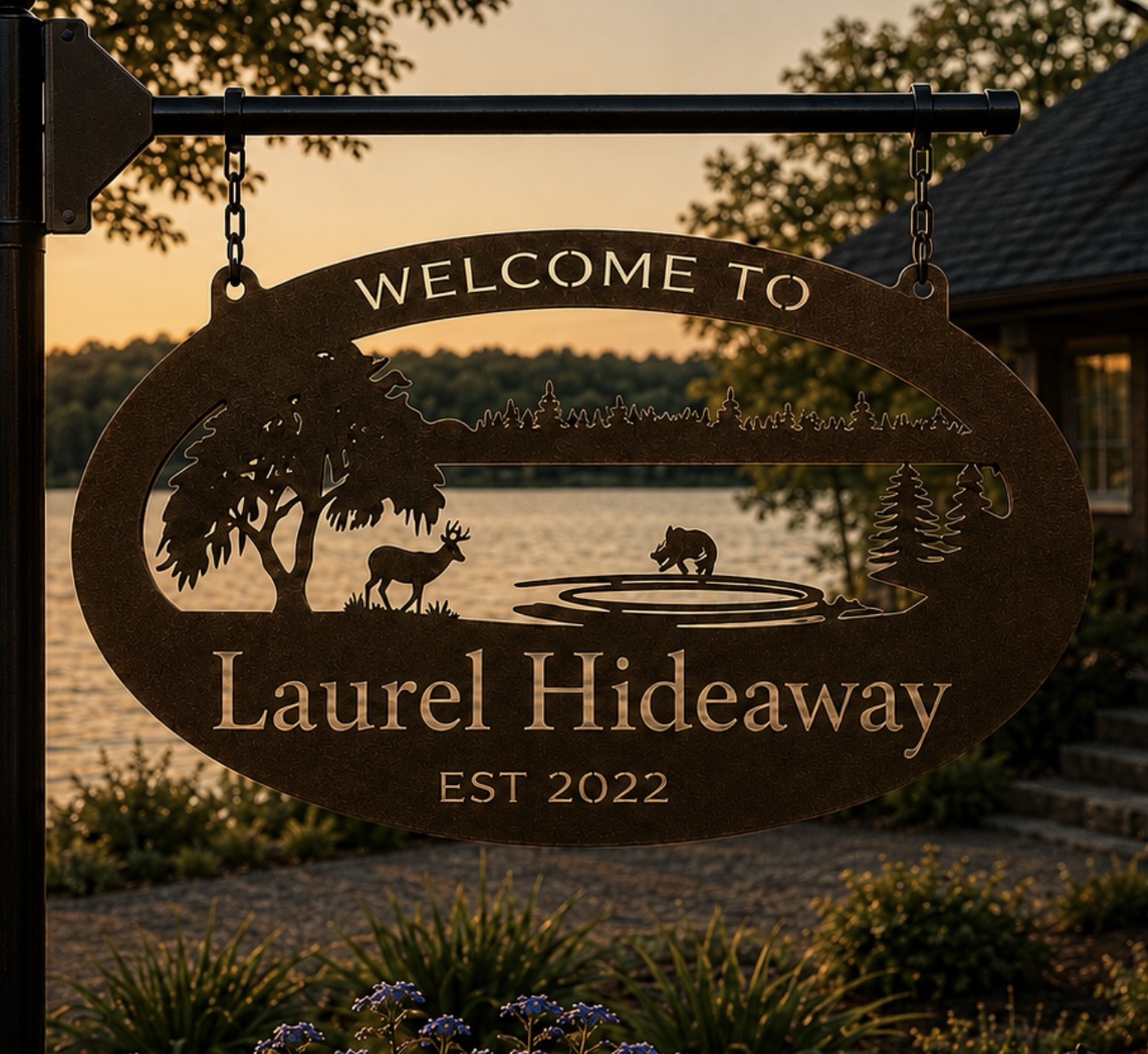 Metal Lake Sign jumping fish address plaque deer river sign personalized name sign - Image 2