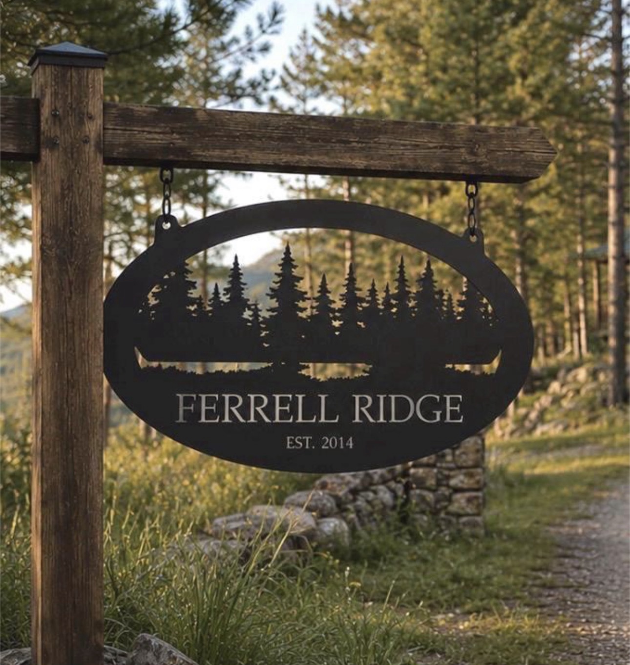 Custom metal sign with Evergreens